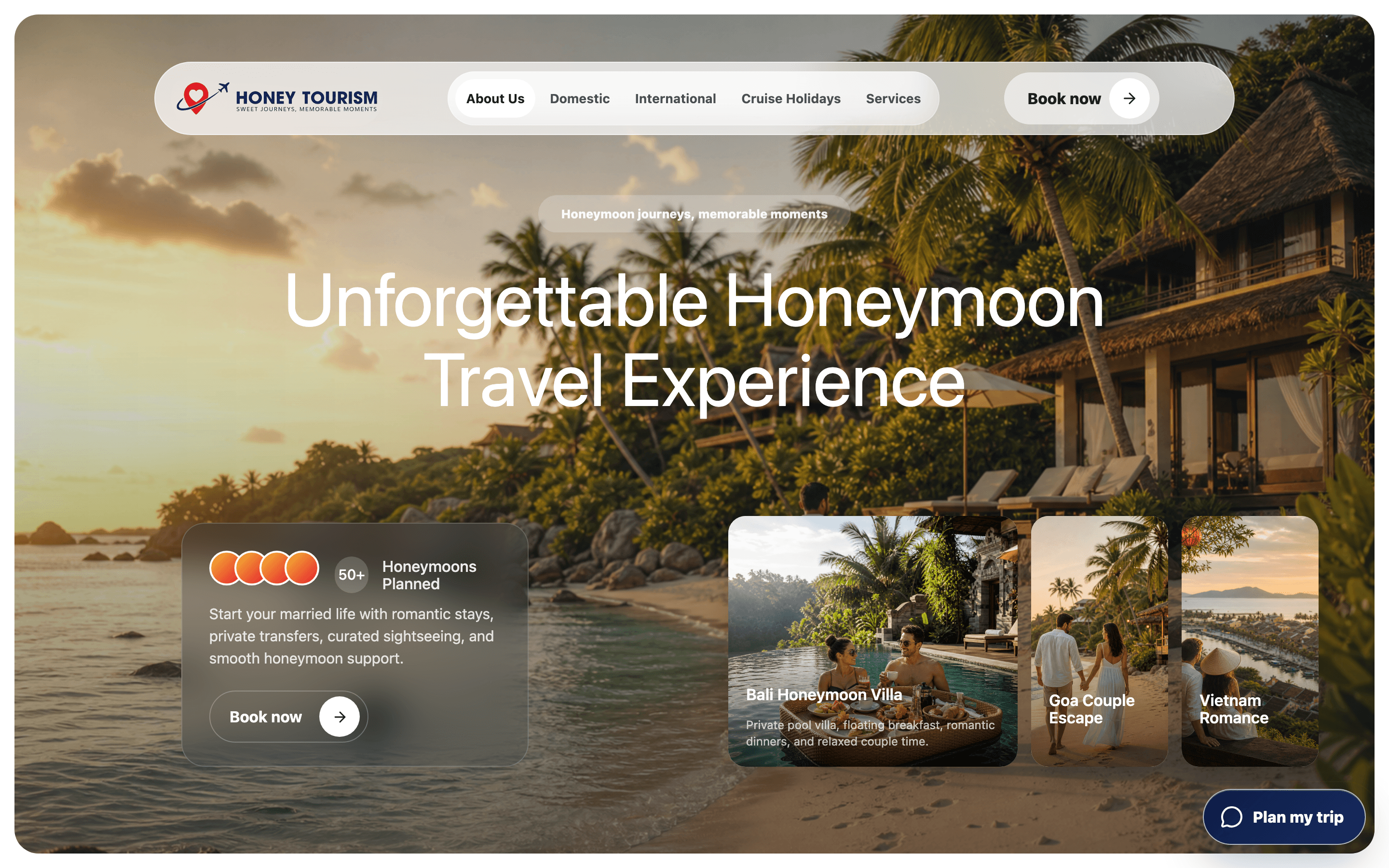 Honey Tourism homepage over a sunset beach-villa photograph, with a floating white pill navigation, the headline 'Unforgettable Honeymoon Travel Experience', a glass card with a Book now button, and three package cards for Bali, Goa, and Vietnam.